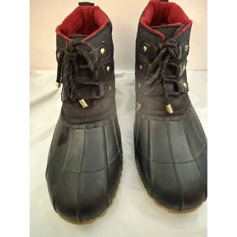 Tommy Hilfiger Duck Boots Women's Size 8M Black Red Lined Rain Winter Shoes